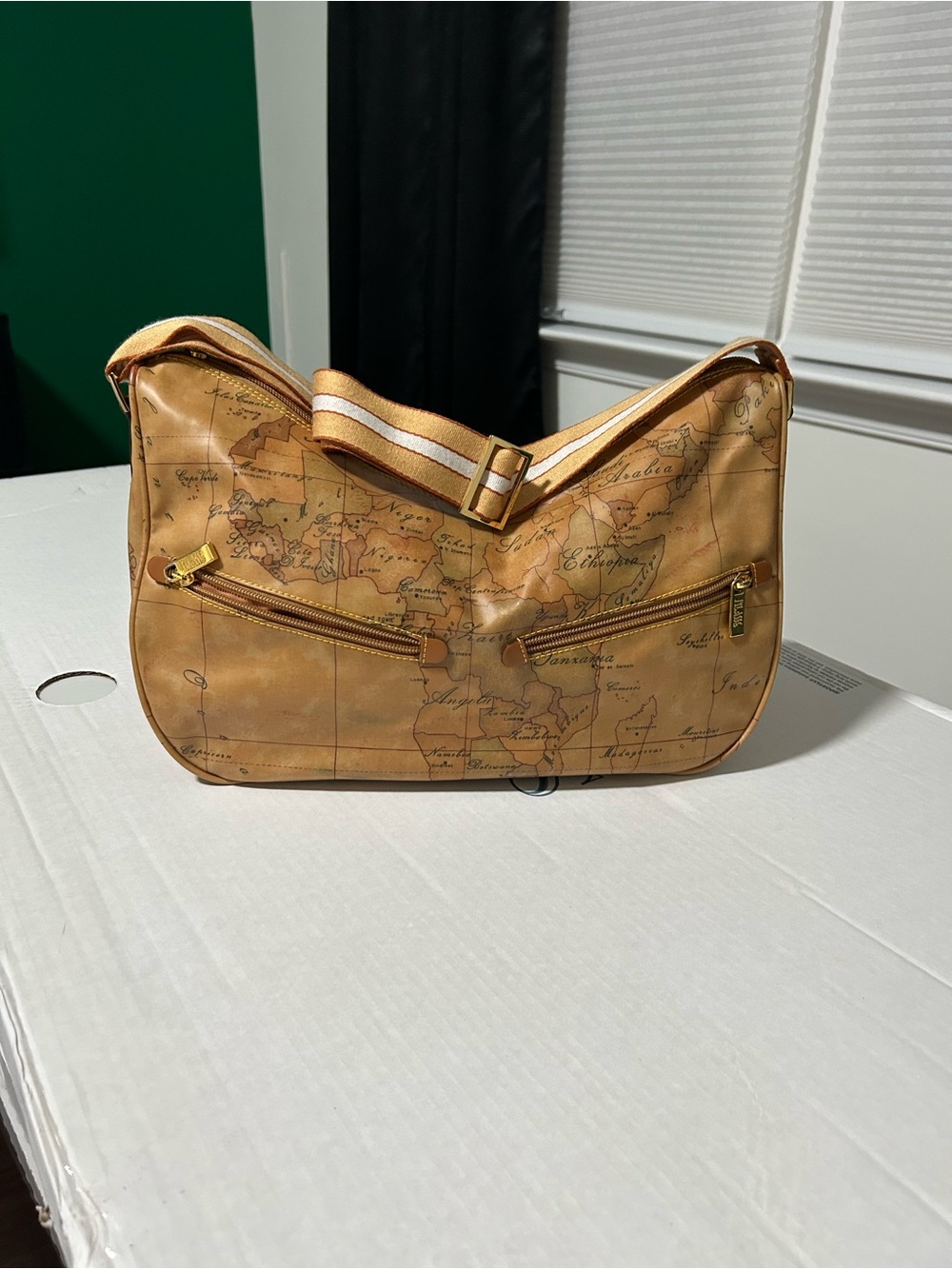 Alviero Martini Map-Print Tan Shoulder Hobo with Gold Hardware Never Used
